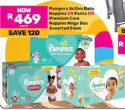 Pampers Active Baby Nappies or Pants Or Premium Care Nappies Mega Box-Each