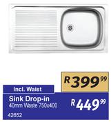 Sink Drop In 40mm Waste 750 x 400 42652