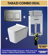 Tarazi Rimless Wall Hung Pan+Soft Close Seat Square+Geberit Alpha System+Flush Plate-Combo Deal 