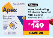 Fellowes Apex Laminating 75 Micron Pouches 100 Sleeves (850012127)