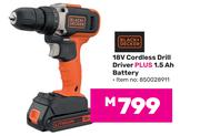 Black + Decker 18V Cordless Drill Driver Plus 1.5Ah Battery (850028911)