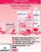 Johnson's Fresh Hydration Micellar Cleansing Wipes 25 Pack Or Water Gel Cleanser 150ml-Each