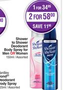 Shower To Shower Deodorant Body Spray For Men Or Women Assorted-For 2 x 150ml