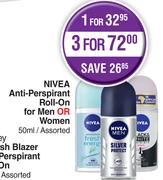 Nivea Anti Perspirant Roll On For Men Or Women Assorted-For 3 x 50ml