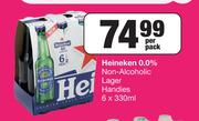 Heineken 0.0% Non Alcoholic Lager Handies-6 x 330ml Per Pack
