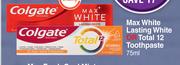 Colgate Max White Lasting White Or Toltal 12 Toothpaste-For 2 x 75ml