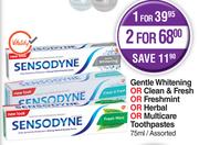 Sensodyne Gentle Whitening,Clean & Fresh,Freshmint,Herbal,Multicare Toothpastes Assorted-For 1x75ml