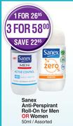 Sanex Anti Perspirant Roll On For Men Or Women Assorted-For 3 x 50ml