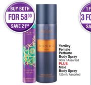 Yardley Female Perfume Body Spray 90ml Assorted Plus Male Body Spray 125ml Assorted-Both For