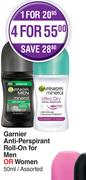 Garnier Anti Perspirant Roll On For Men Or Women-For 4 x 50ml