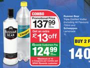 Russian Bear Triple Distilled Vodka (All Flavours) 750ml And Schweppes Lemonade 1Ltr-Combo