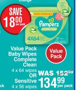 Pampers Value Pack Baby Wipes Complete Clean (4 x 64 Wipes) Or Sensitive (4 x 56 Wipes)-Per Pack