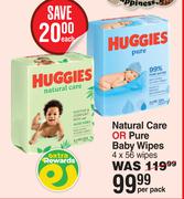 Huggies Natural Care Or Pure Baby Wipes (4 x 56 Wipes)-Per Pack
