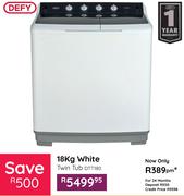 Defy 18Kg White Twin Tub Washing Machine DTT18