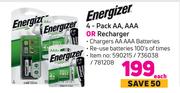Energizer 4 Pack AA, AAA Or Recharger-Each