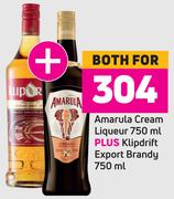 Amarula Cream Liqueur 750 ml Plus Klipdrift Export Brandy 750ml- For Both 