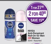 Nivea Anti Perspirant Roll On For Men Or Women Assorted-For 2 x 50ml 