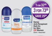 Sanex Anti Perspirant Roll On For Men Or Women Assorted-For 1 x 50ml