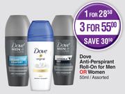 Dove Anti Perspirant Roll On For Men Or Women Assorted-For 3 x 50ml