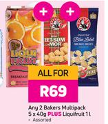Any 2 Bakers Multipack (5 x 40g) Plus Liquifruit 1Ltr-For All