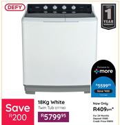 Defy 18Kg White Twin Tube Washing Machine DTT180