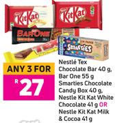 Nestle Tex Chocolate Bar 40g, Bar One 55g, Smarties Chocolate Candy Box 40g-For Any 3