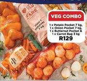 1xPotato Pocket 7Kg, 1xOnion Pocket 7Kg, 1xButternut Pocket & 1xCarrot Bag 3Kg Veg Combo
