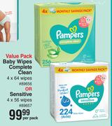 Pampers Baby Wipes Complete Clean 4 x 64 Wipes Or Sensitive 4 x 56 Wipes Value Pack-Per Pack