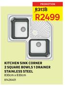 Kitchen Sink Corner 2 Square Bowls 1 Drainer Stainless Steel 830cmX830cm