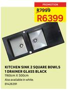Kitchen Sink 2 Square Bowls 1 Drainer Glass Black 1160cmX500cm