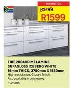 Fiberboard Melamine Supagloss Iceberg White 16mm Thick, 2750mm x 1830mm