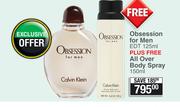 Obsession For Men EDT 125ml + Free All Over Body Spray 150ml