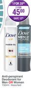 Dove Anti-Prespirant Deodorant For Men Or Women-2x150ml