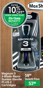 Max Shave Magnum 3 3 Blade Razor System Handle Plus 2 Cartridges