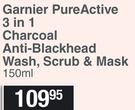 Garnier Pure Active 3 In 1 Charcoal Anti Blackhead Wash, Scrub & Mask-150ml