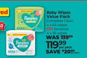 Pampers Baby Wipes Value Pack Complete Clean 4 x 64 Wipes Or Sensitive 4 x 56 Wipes-Per Pack