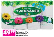 Twinsaver 1 Ply Toilet Roll 500 Sheets-8 Pack