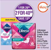Libresse Daily Fresh Liners Duo Pack 40 Pack Ultra Pads 8 Long Wings Or 8 Night Or 10 Normal-For 1