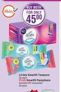 Lil-Lets Smartfit Tampons 32 Pack Plus Smartfit Pantyliners Scented Or Unscented 25 Pack-For Both 