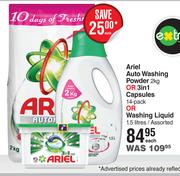 Ariel Auto Washing Powder 2Kg Or 3 In 1 Capsules 14 Pack Or Washing Liquid 1.5L Assorted-Each