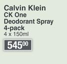 Calvin Klein CK One Deodorant Spray 4 Pack-4 x 150ml