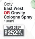 Coty East. West Or Gravity Cologne Spray-100ml Each