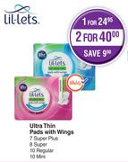 Lil-Lets Ultra Thin Pads With Wings 7 Super Olus, 8 Super, 10 Regular, 10 Mini-For 2