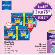 Always Maxi Pads 20 Normal, 18 Long, 16 Extra Long Night, 12 Long-For 1