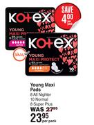 Kotex Young Maxi Pads 8 All Nighter, 10 Normal, 8 Super Plus-Per Pack