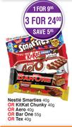 Nestle Smarties-40g Or Kitkat Chunky-40g Or Aero-40g Or Bar One-55g Or Tex-40g