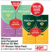 Mitchum Anti Perspirant Roll On For Men Or Women Sport Or Shower Fresh Value Pack-2 x 50ml Per Pack 