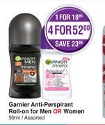 Garnier Anti Perspirant Roll On For Men Or Women Assorted-50ml