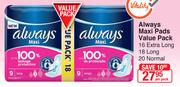Always Maxi Pads Value Pack (16 Extra Long, 18 Long Or 20 Normal)-Per Pack