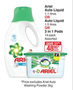 Ariel Auto Liquid 1.1Ltrs Or Auto Liquid 1.5Ltrs Or 3 In 1 Pods 14 Pack-Each